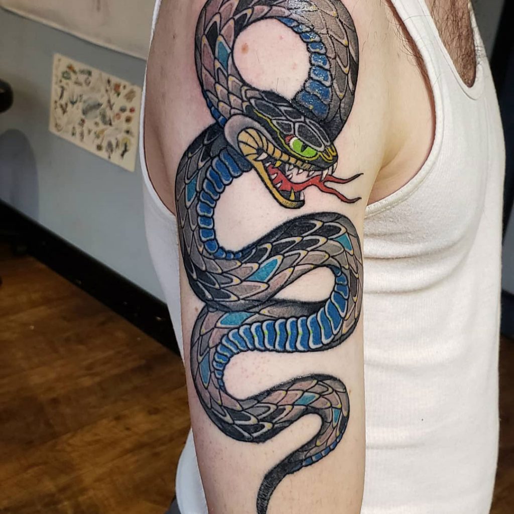 Chris Mahoney Colorful Snake Tattoo