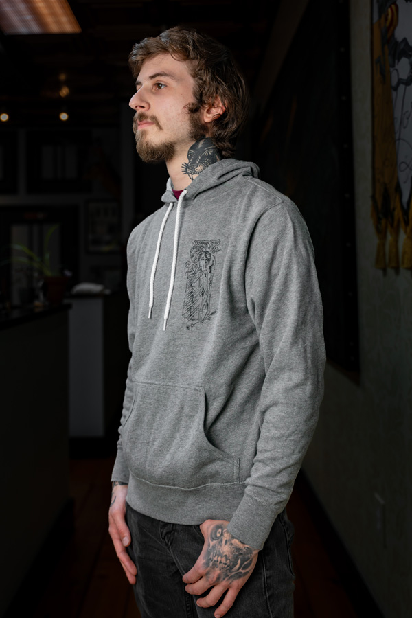 Gray pullover with graphic designs
